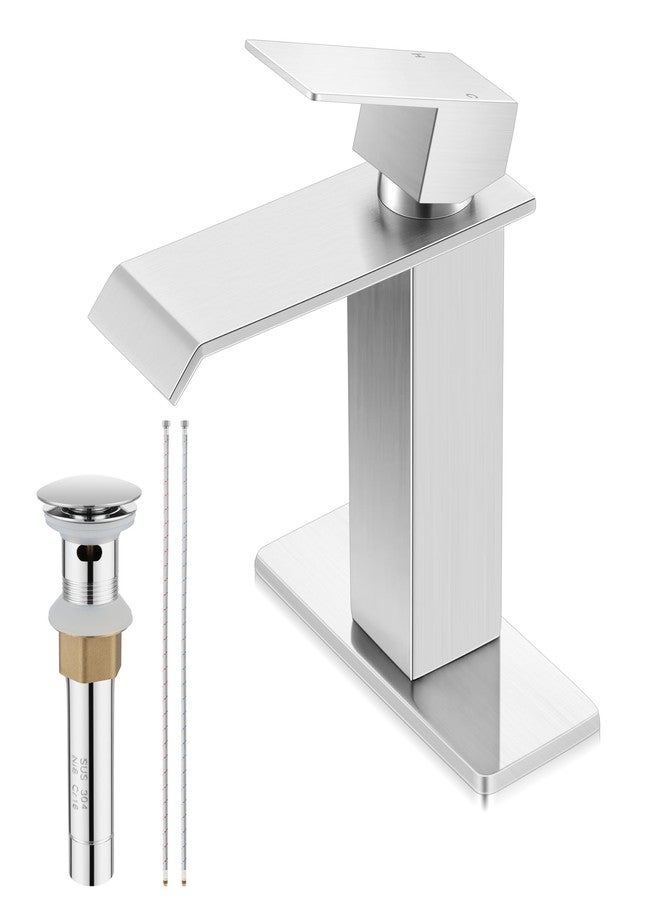 Herogo Brushed Nickel Waterfall Bathroom Faucet for Sink 3 Hole, Stainless Steel Vanity Sink Faucet, Rv Bathroom Tap with 1 Handle, Pop Up Drain, Deck Plate and Supply Hose - Image 1