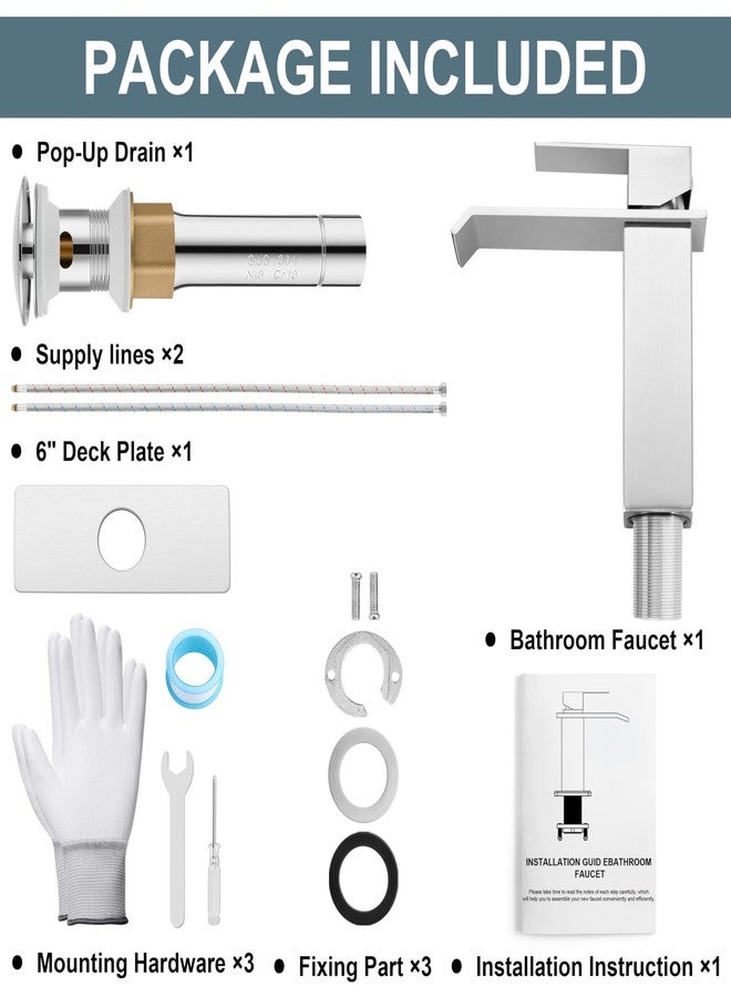 Herogo Brushed Nickel Waterfall Bathroom Faucet for Sink 3 Hole, Stainless Steel Vanity Sink Faucet, Rv Bathroom Tap with 1 Handle, Pop Up Drain, Deck Plate and Supply Hose - Image 5