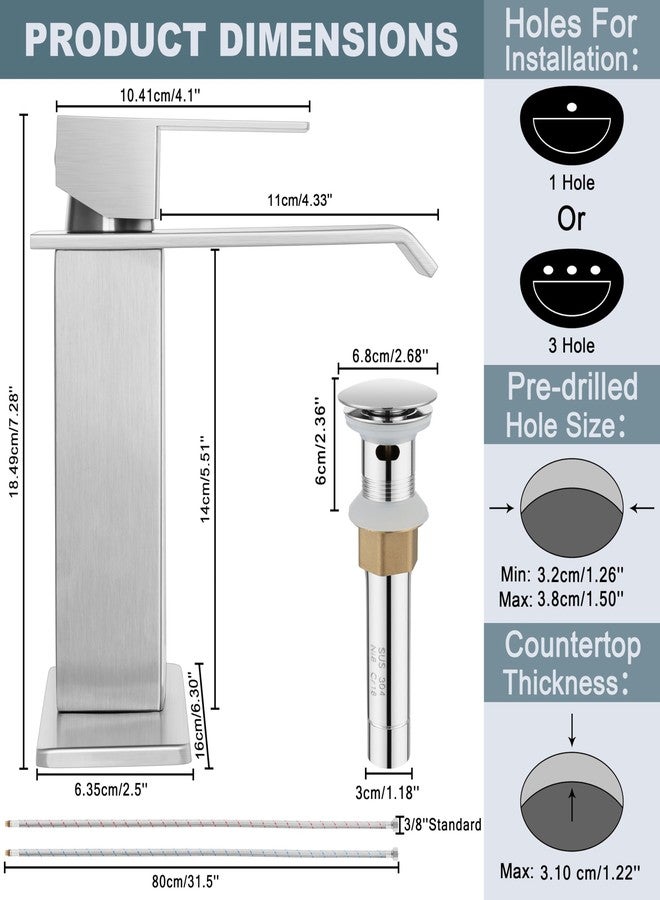 Herogo Brushed Nickel Waterfall Bathroom Faucet for Sink 3 Hole, Stainless Steel Vanity Sink Faucet, Rv Bathroom Tap with 1 Handle, Pop Up Drain, Deck Plate and Supply Hose - Image 2