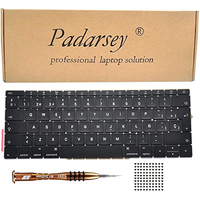 Padarsey REPLACEMENT SPANISH ESPAÑOL TECLADO KEYBOARD COMPATIBLE FOR MACBOOK PRO 13" A1708 WITHOUT TOUCHPAD BAR A1708 LATE 2016 MID 2017 WITH 80 PCE SCREWS+SCREWDRIVER - Image 1