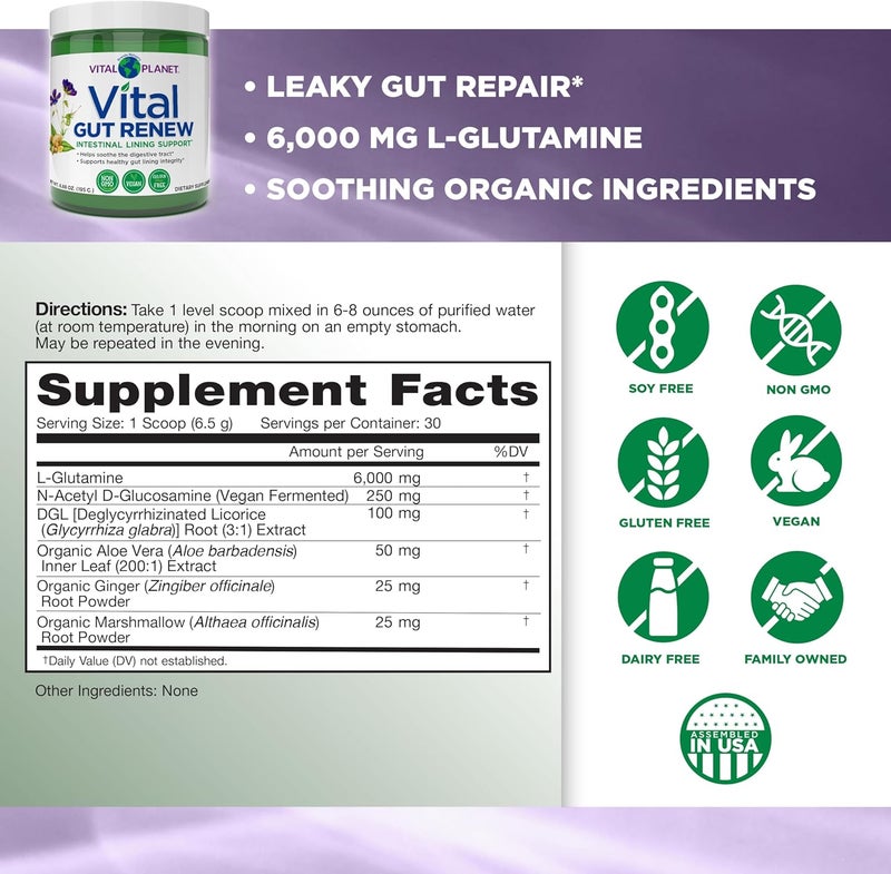 Vital Planet فيتال بلانيت فيتال غوت رينو باودر مكمل لإصلاح الأمعاء المتسربة مع إل-جلوتامين، جذر الخطمي، وجذر الزنجبيل، مستخلص عرق السوس دي جي إل، وصبار الألوة فيرا العضوي، إل-جلوتامين 6000 ملغ 688 أونصة - Image 2