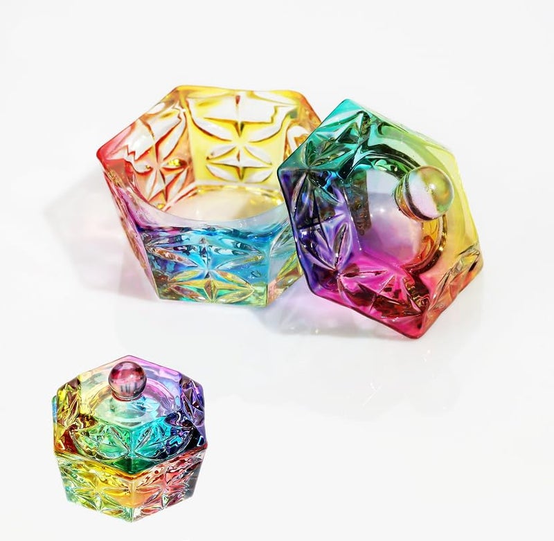 Pxiryanlow A Set of Multicolour Hexagonal Prism Crystal Glass Dish with LidHexagonal Prism Crystal Cup Acrylic Liquids Powder Glass Dish With Lid Crystal Bowl For Salon and HomeNail Art and Polish - Image 1