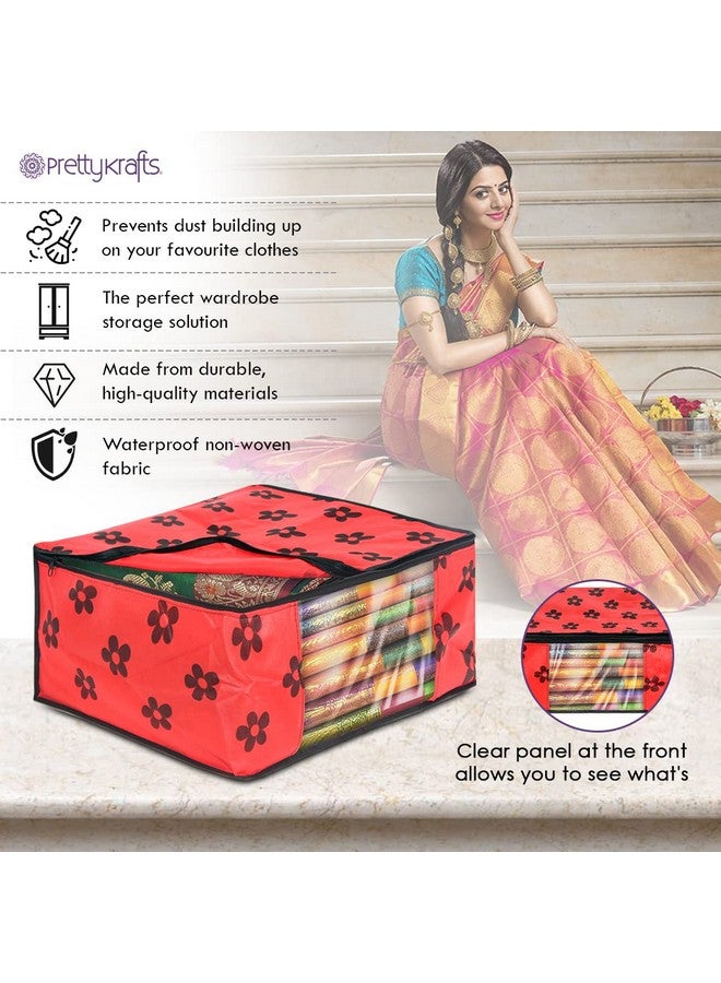 PrettyKrafts Saree Cover Set Of 6 Large Flower Prints/Wardrobe Organiser/Clothes Bag_Red - Image 4