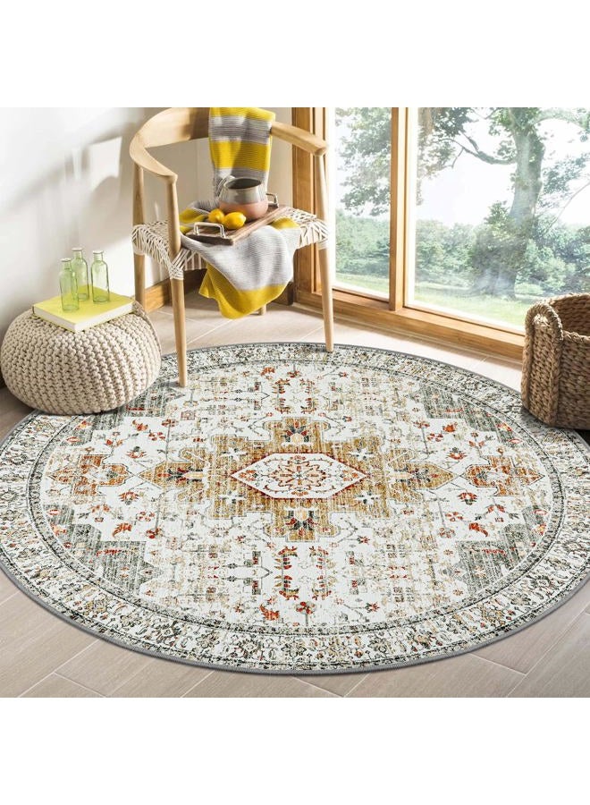 Ultra-Thin Washable Round Rug - 6ft Large Living Room Circle Area Rugs, Vintage Dining Room Mat Stain Resistant Nursery Carpet for Bedroom Mudroom Kitchen Apartment Home Office
