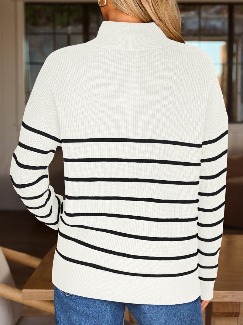 LILLUSORY Women's Quarter Zip Striped Oversized Sweater 2026 Mock Turtleneck Fall Fashion Outfit White-Black M - Image 4