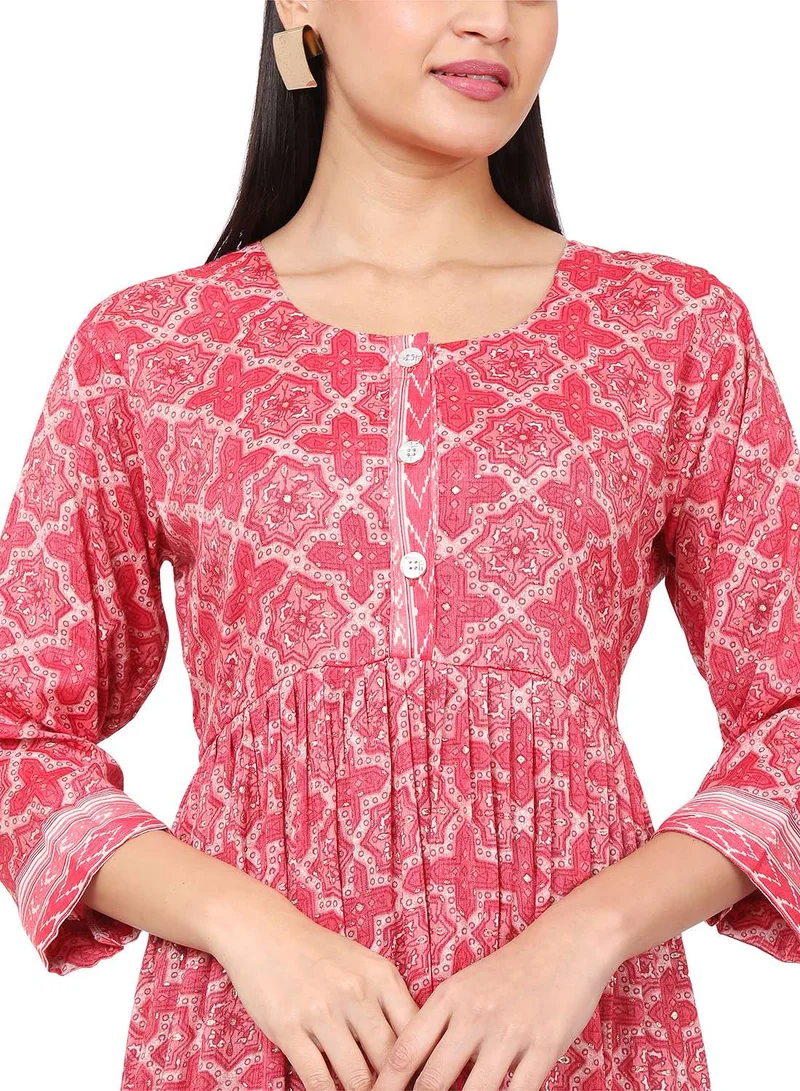 هانا آند سارا ELEGANT PRINTED FRONT STYLED BUTTONED SOFT VISCOSE RED COLOUR SHORT ARABIC KAFTAN JALABIYA DRESS