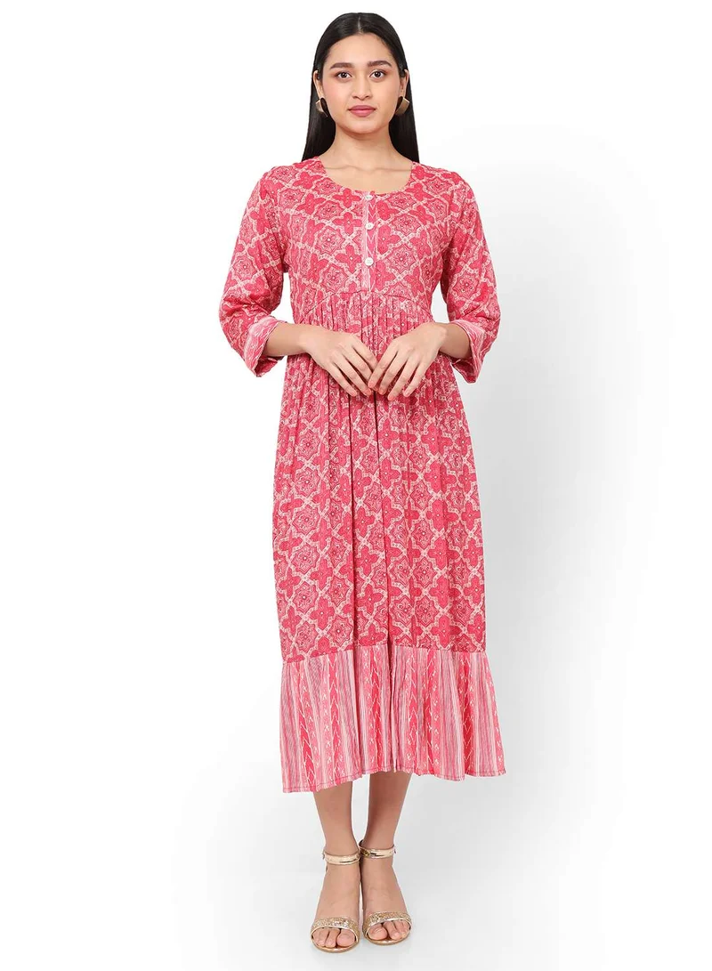 هانا آند سارا ELEGANT PRINTED FRONT STYLED BUTTONED SOFT VISCOSE RED COLOUR SHORT ARABIC KAFTAN JALABIYA DRESS