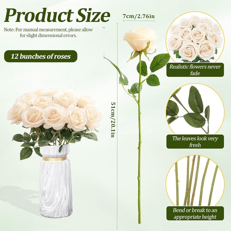 PacuM Artificial Roses, Pack of 12, Artificial Flowers, Silk Flowers, Roses 51 x 7 cm, Artificial Flowers, Realistic Single Stem Flowers for Wedding Party, Valentine's Day, Home Decoration (Sparkling) - Image 2