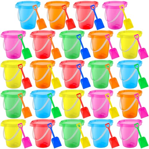 Arrowbash 24 Set 75 Inch Sand Buckets and Shovels for Kids Plastic Beach Pail Sand Shovel Bulk Toys for Summer Beach Party Accessories Bright Color - Image 1