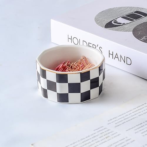YOSCO Paper Clip Holder Ceramic Checkered Paper Clip Dispenser for Desk Paper Clip Organizer Office Binder Clip Holder (Black-01) - Image 2