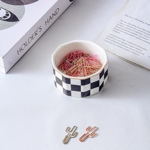 YOSCO Paper Clip Holder Ceramic Checkered Paper Clip Dispenser for Desk Paper Clip Organizer Office Binder Clip Holder (Black-01) - Image 3