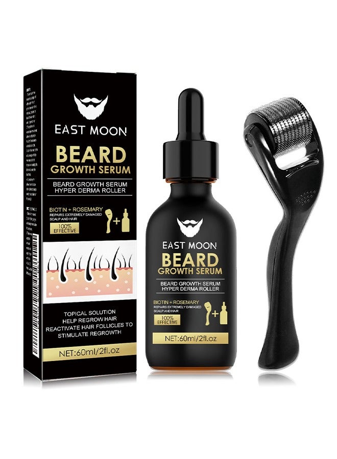 East Moon Beard Growth Serum - Men's Beard Thickening Care Set, Serum and Roller for Better Results 60ml