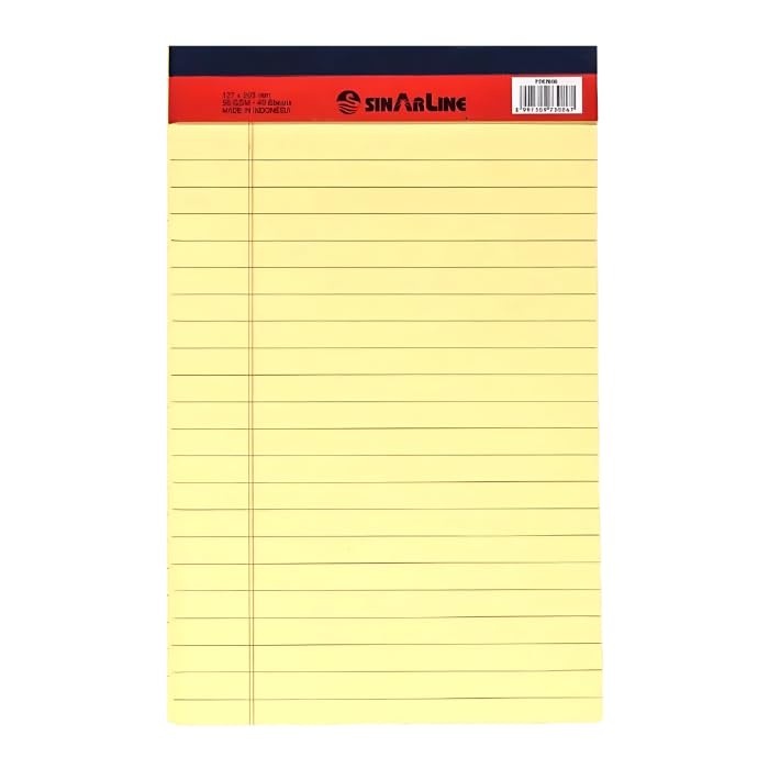 Sinarline A5 Legal Pad - Yellow Ruled Paper, 50 Sheets per Pad, Pack of 5 - Image 1