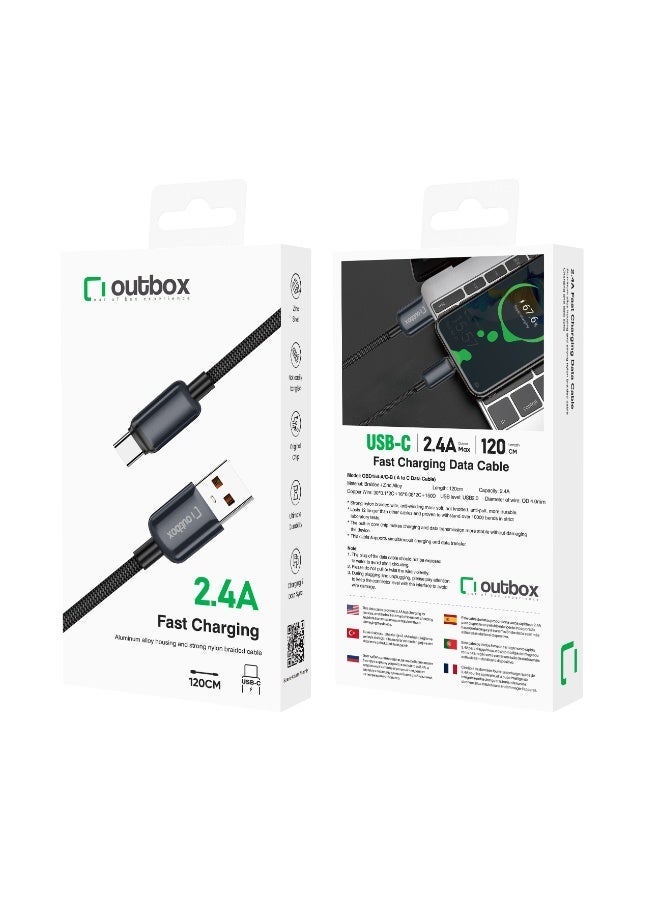 Outbox USB-A to Type-C Braided Fast Charging Cable — 2.4A, 1.2m, Black - Image 3