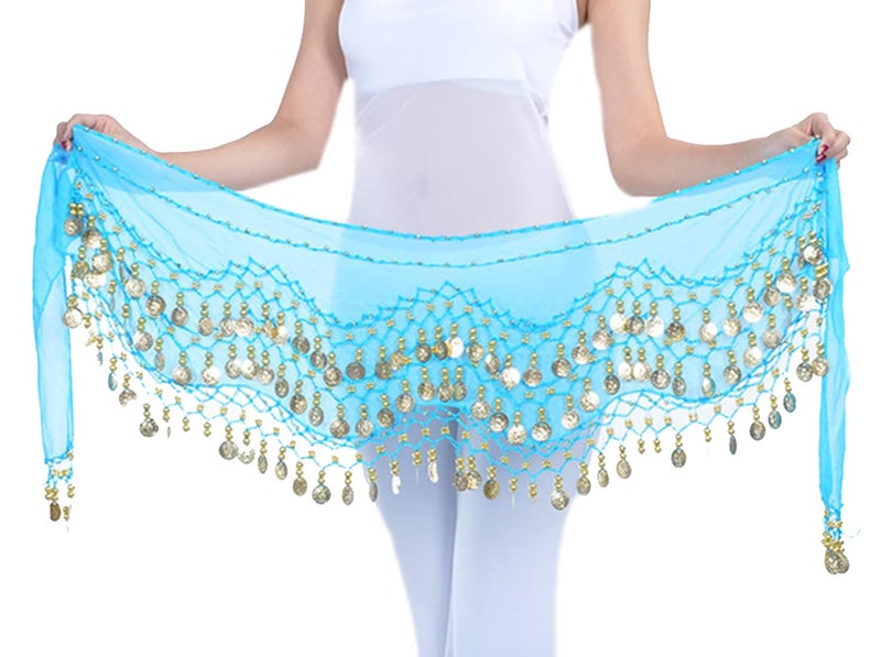 Lauthen.S 128 Coins Belly Dance Hip Scarf Tribal Belt Halloween Genie Costume Accessory Blue - Image 1