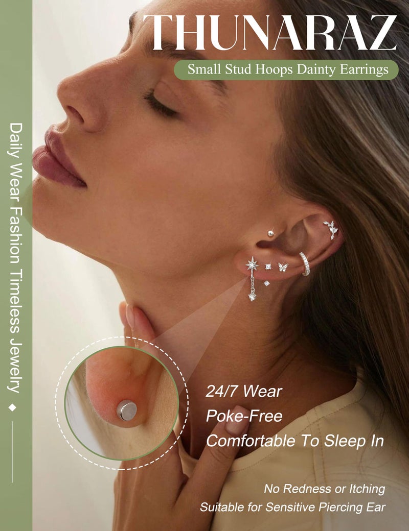 Thunaraz 16 Gauge Cartilage Earrings for Women Flat Back Hypoallergenic Surgical Steel Small Flatback Stud Hoop Cartilage Earring Stack Set Daith Conch Tragus Helix Piercing Jewelry Silver 21Pcs - Image 2