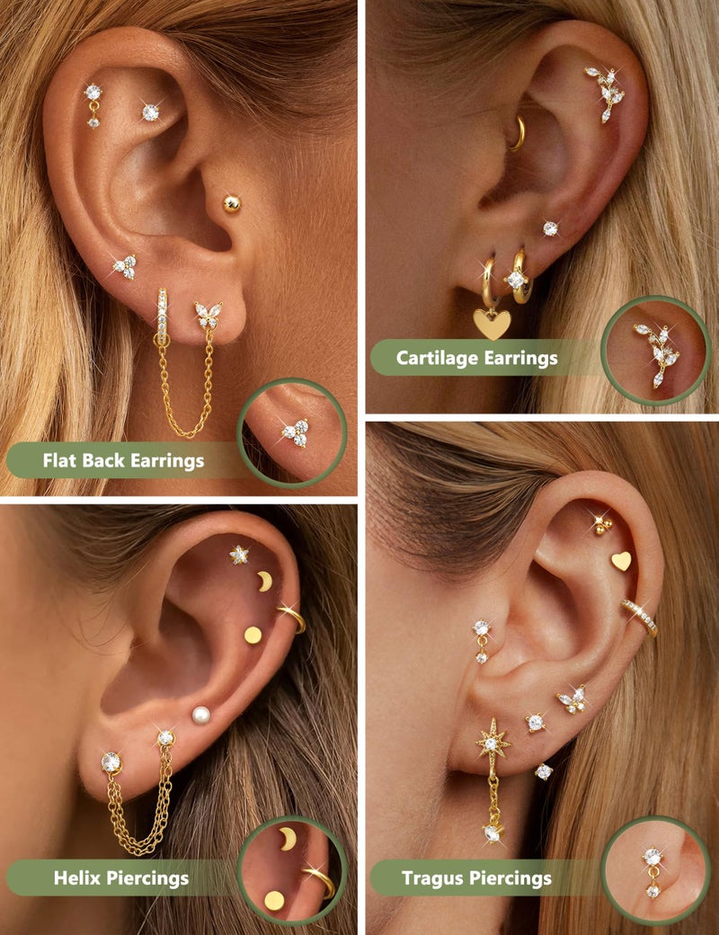 Thunaraz 16 Gauge Cartilage Earrings for Women Flat Back Hypoallergenic Surgical Steel Small Flatback Stud Hoop Cartilage Earring Stack Set Daith Conch Tragus Helix Piercing Jewelry Silver 21Pcs - Image 3