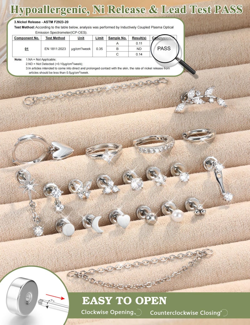 Thunaraz 16 Gauge Cartilage Earrings for Women Flat Back Hypoallergenic Surgical Steel Small Flatback Stud Hoop Cartilage Earring Stack Set Daith Conch Tragus Helix Piercing Jewelry Silver 21Pcs - Image 4