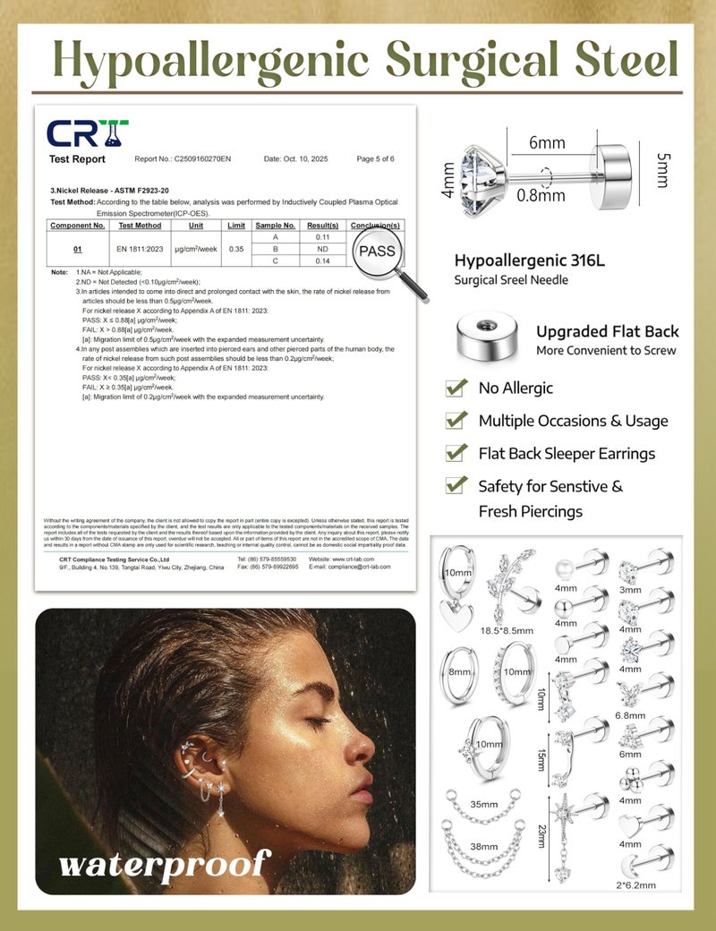 Thunaraz 16 Gauge Cartilage Earrings for Women Flat Back Hypoallergenic Surgical Steel Small Flatback Stud Hoop Cartilage Earring Stack Set Daith Conch Tragus Helix Piercing Jewelry Silver 21Pcs - Image 5