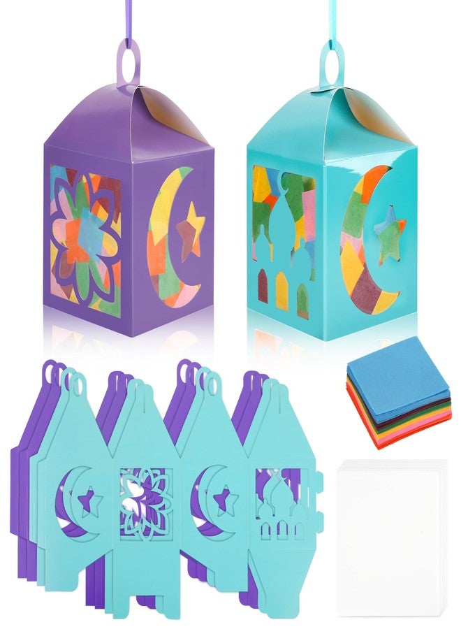 Koeilay 16 Sets Ramadan Lantern Craft DIY Suncatcher Ornaments, Eid Mubarak Hanging Decorations with Tissue Papers & Ribbons, Islamic Festival Party Favors for Home Classroom Art Activity - Image 1