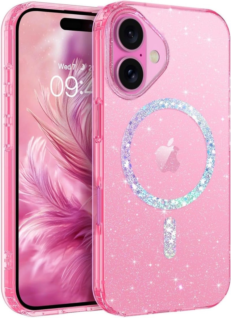 Mobistyle Magnetic for iPhone 16 Case, Clear Crystal Glitter 16 Phone Case Compatible with MagSafe, Shockproof Sparkly Cute Women Girl Cover for iPhone 16, Hot Pink Glitter - Image 1