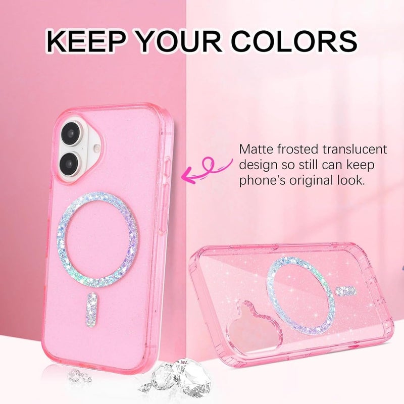 Mobistyle Magnetic for iPhone 16 Case, Clear Crystal Glitter 16 Phone Case Compatible with MagSafe, Shockproof Sparkly Cute Women Girl Cover for iPhone 16, Hot Pink Glitter - Image 2