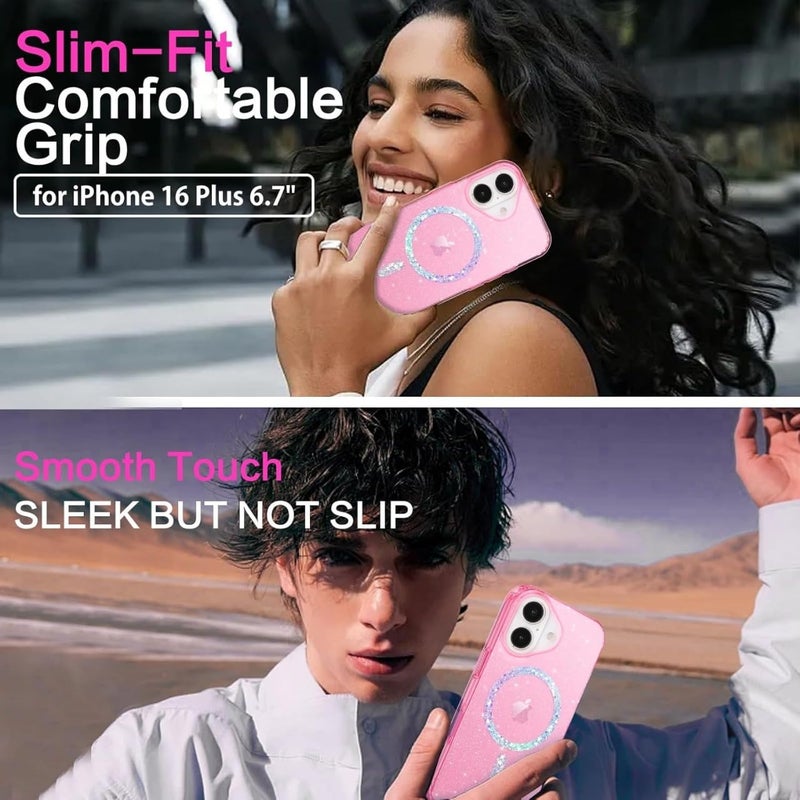 Mobistyle Magnetic for iPhone 16 Case, Clear Crystal Glitter 16 Phone Case Compatible with MagSafe, Shockproof Sparkly Cute Women Girl Cover for iPhone 16, Hot Pink Glitter - Image 5