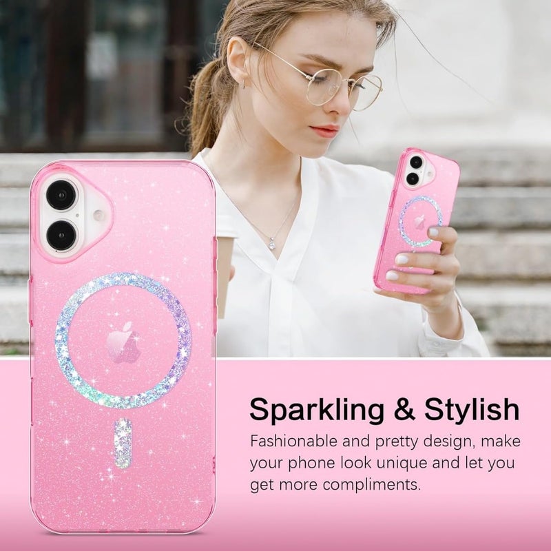 Mobistyle Magnetic for iPhone 16 Case, Clear Crystal Glitter 16 Phone Case Compatible with MagSafe, Shockproof Sparkly Cute Women Girl Cover for iPhone 16, Hot Pink Glitter - Image 4