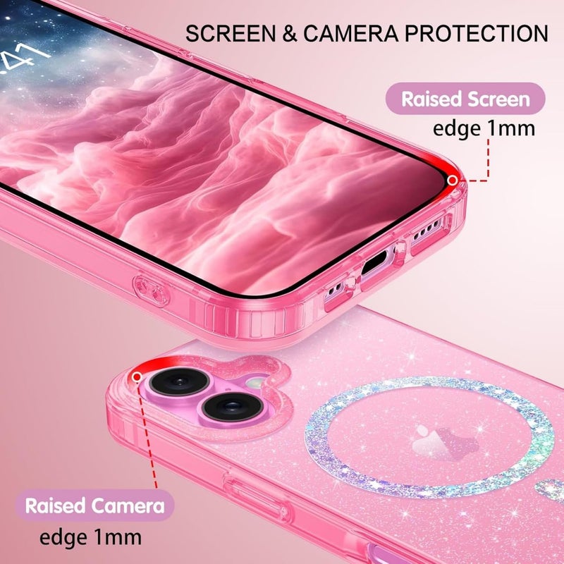 Mobistyle Magnetic for iPhone 16 Case, Clear Crystal Glitter 16 Phone Case Compatible with MagSafe, Shockproof Sparkly Cute Women Girl Cover for iPhone 16, Hot Pink Glitter - Image 3
