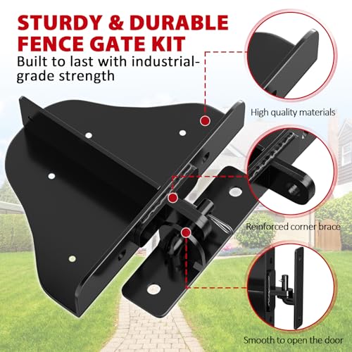 Mofeez Anti Sag Gate Kit Fence Gate Hardware - Heavy Duty 90 Degree Right Angle Hinges with Self-Locking Gate Latch & Corner Brace - for Wood Gates, Garden Fence (1 Set) - Image 3