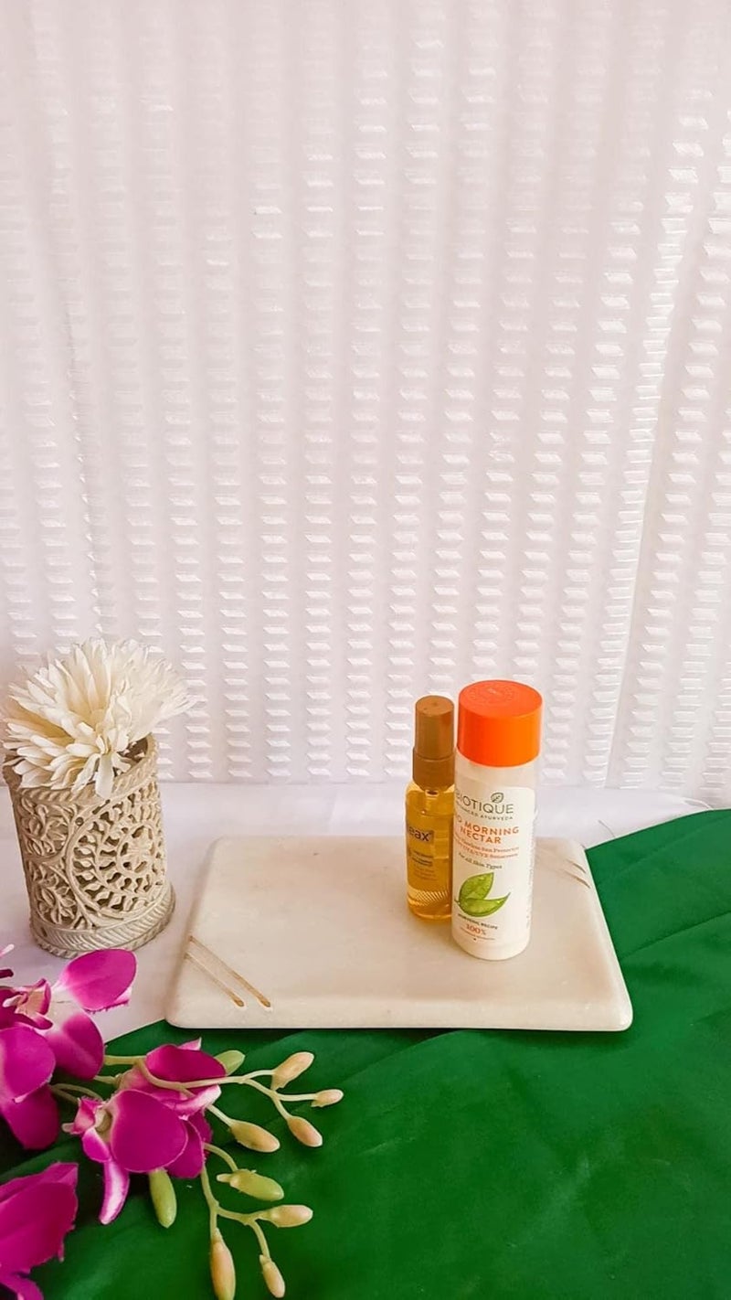 RM صينية رخامية مستطيلة الشكل من الرخام الأبيض مع حواف نحاسية لصينية الحمام وغرفة المعيشة والمطبخ وتقديم الطعام وطاولة الطعام والمجوهرات والشمع والعطور ومنظم مستحضرات التجميل وصينية الزينة - Image 4