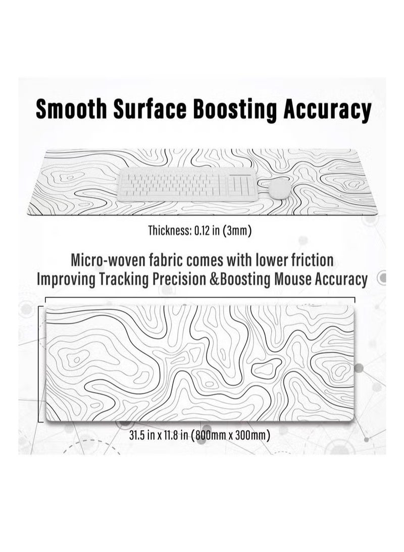 Beauenty Large Gaming Mouse Pad with Stitched Edges, Minimalist Topographic Map Desk Mat, Extended XL Mousepad with Anti-Slip Base, Cool Desk Pad for Keyboard and Mouse, 31.5 x 11.8 in, White - Image 3