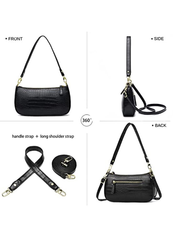 Women's Small Black Croc Embossed Vintage Classic Handbag with Crossbody  Strap - Image 3
