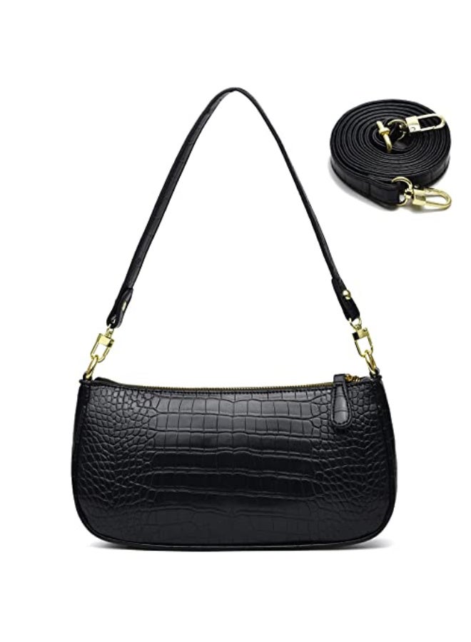 Women's Small Black Croc Embossed Vintage Classic Handbag with Crossbody  Strap - Image 1