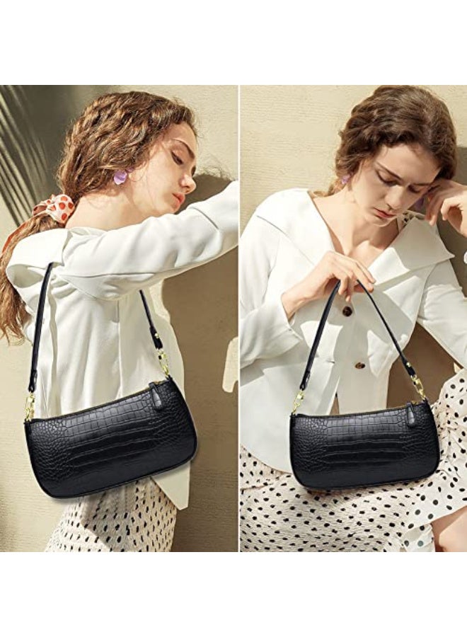 Women's Small Black Croc Embossed Vintage Classic Handbag with Crossbody  Strap - Image 2