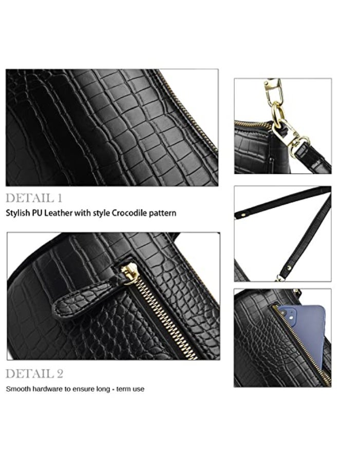 Women's Small Black Croc Embossed Vintage Classic Handbag with Crossbody  Strap - Image 5