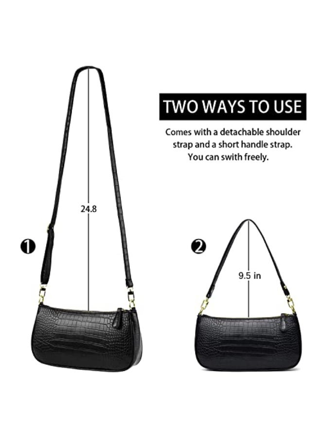 Women's Small Black Croc Embossed Vintage Classic Handbag with Crossbody  Strap - Image 4