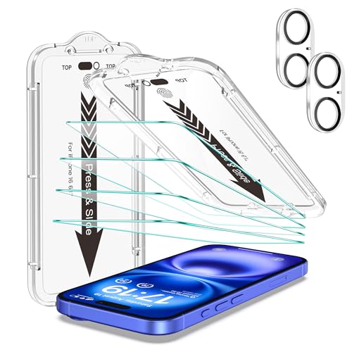 EZ-GLAZ 4-Pack Screen Protectors for iPhone 16[6.1"] Transparent HD Clear with Flawless Fit Kit + 2-Pack Camera Lens Protector, 15-Second Bubble-Free Installation, 9H Hardness, 12FT Military Grade Shatterproof, Scratch Resistant, Tempered Glass - Image 1