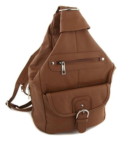 Roma Leathers Womens Leather Convertible 7 Pocket Medium Size Tear Drop Sling Backpack Purse Shoulder Bag, Light Brown - Image 1