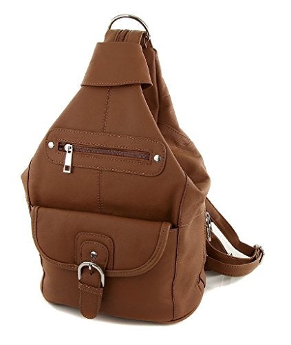 Roma Leathers Womens Leather Convertible 7 Pocket Medium Size Tear Drop Sling Backpack Purse Shoulder Bag, Light Brown - Image 2