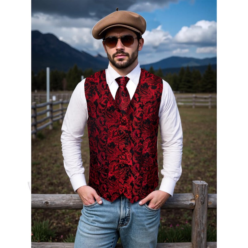 YourTies Mens Red Black Victorian Vest Silk Paisley Formal Suit Vests and Tie Set Gothic Steampunk Prom Dress Waistcoat Party - Image 3