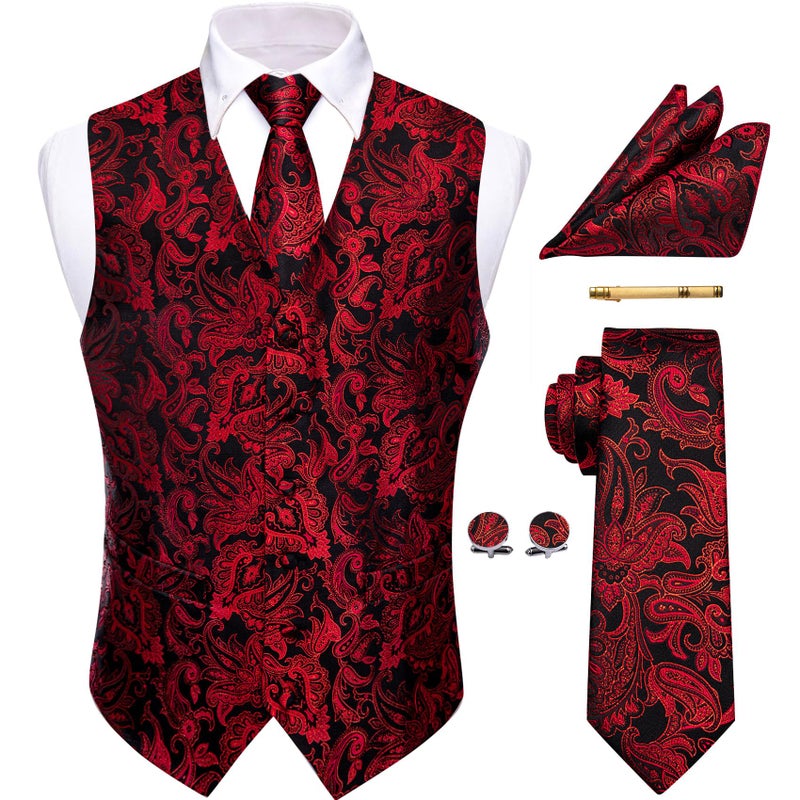 YourTies Mens Red Black Victorian Vest Silk Paisley Formal Suit Vests and Tie Set Gothic Steampunk Prom Dress Waistcoat Party - Image 1