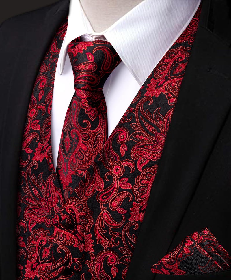 YourTies Mens Red Black Victorian Vest Silk Paisley Formal Suit Vests and Tie Set Gothic Steampunk Prom Dress Waistcoat Party - Image 2