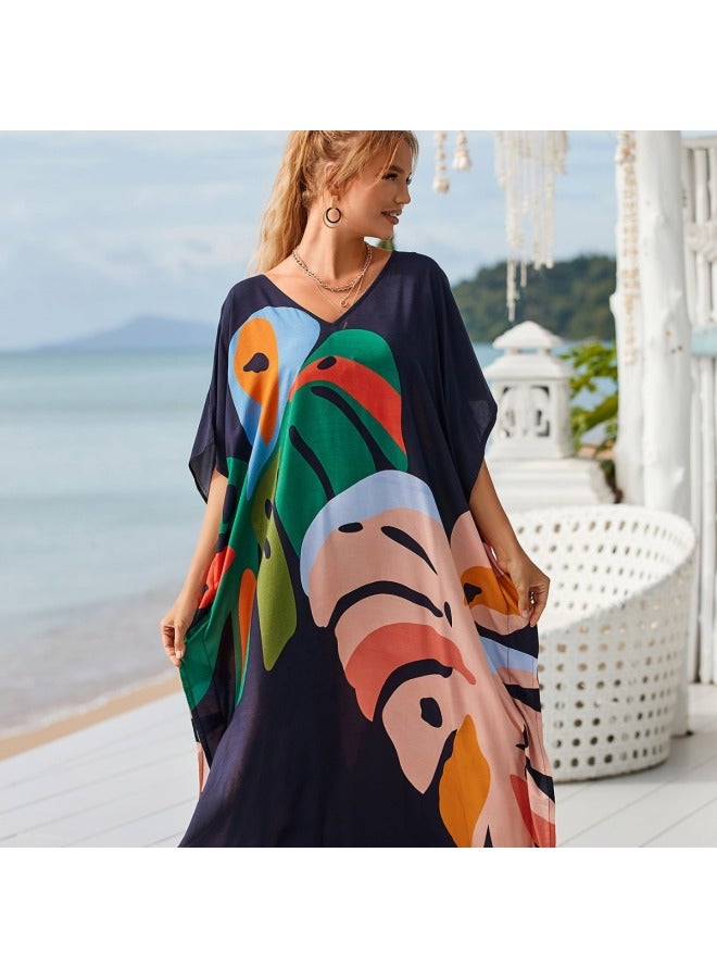 Loquat Cotton Printed Blouse Holiday Casual Beach Bikini Outer Blouse 18 Color 1106-Color:Black Bottom Arc Color Bar 6- - Image 2