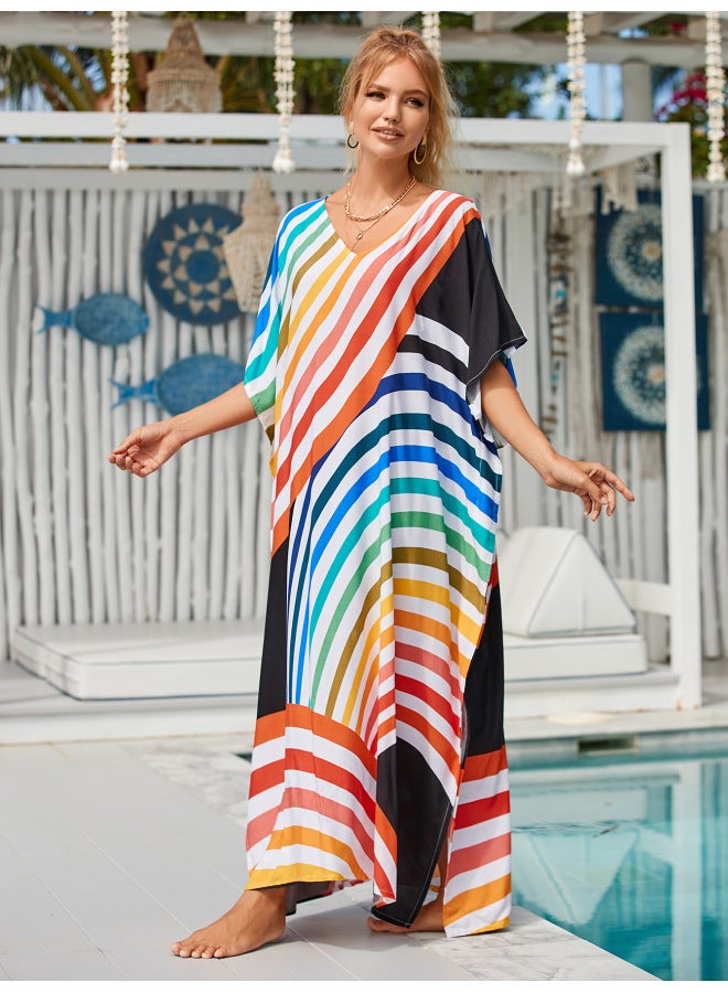 Loquat Cotton Printed Blouse Holiday Casual Beach Bikini Outer Blouse 18 Color 1106-Color:Black Bottom Arc Color Bar 6- - Image 1