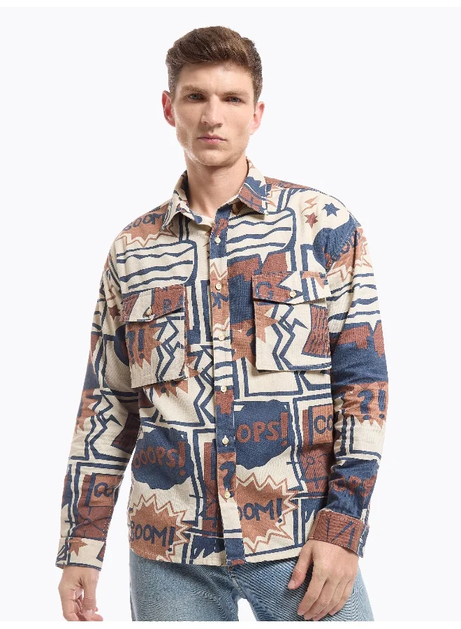 Beyoung Blue and Brown Printed Dual Pocket Overshirt