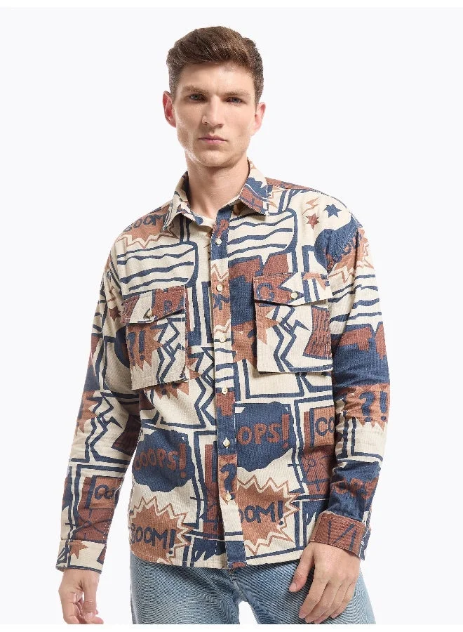 Beyoung Blue and Brown Printed Dual Pocket Overshirt