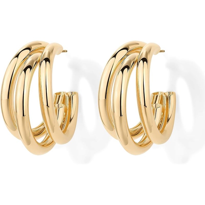 PAVOI 14K Gold Plated Chunky Multi Hoop Earrings for Women | Hypoallergenic Trendy Triple Split Loop Huggie Earrings - Image 3