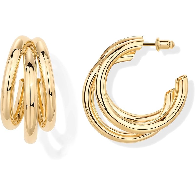 PAVOI 14K Gold Plated Chunky Multi Hoop Earrings for Women | Hypoallergenic Trendy Triple Split Loop Huggie Earrings - Image 1