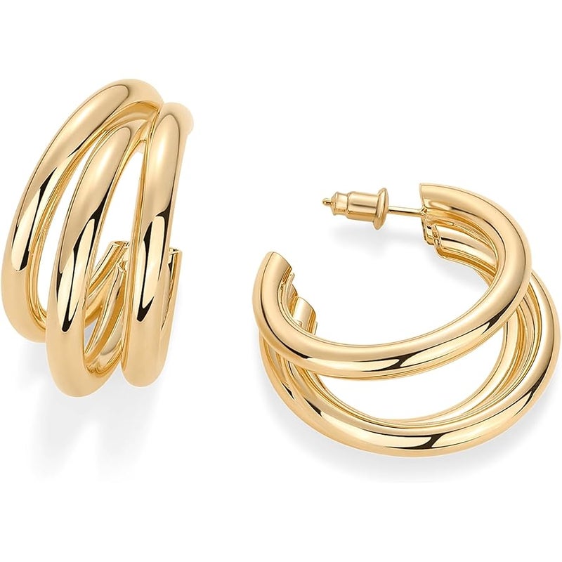 PAVOI 14K Gold Plated Chunky Multi Hoop Earrings for Women | Hypoallergenic Trendy Triple Split Loop Huggie Earrings - Image 5